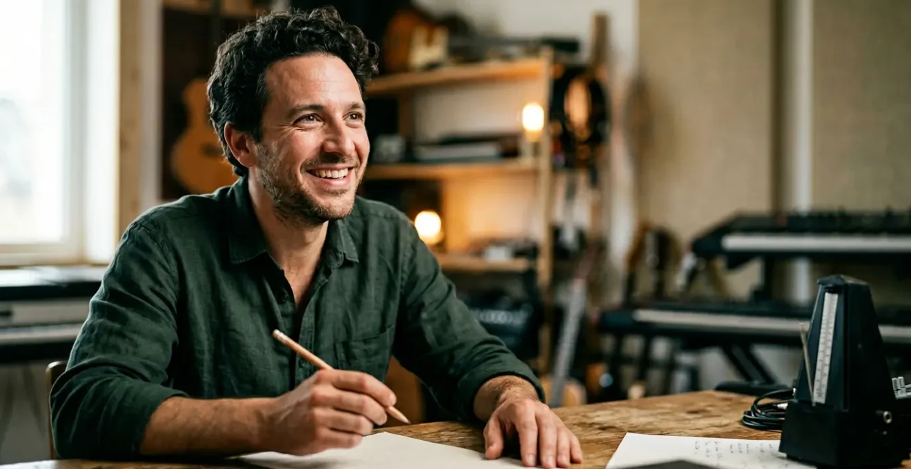 Adult learner discovering creative breakthrough through music theory concepts