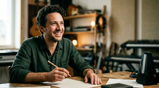 Adult learner discovering creative breakthrough through music theory concepts