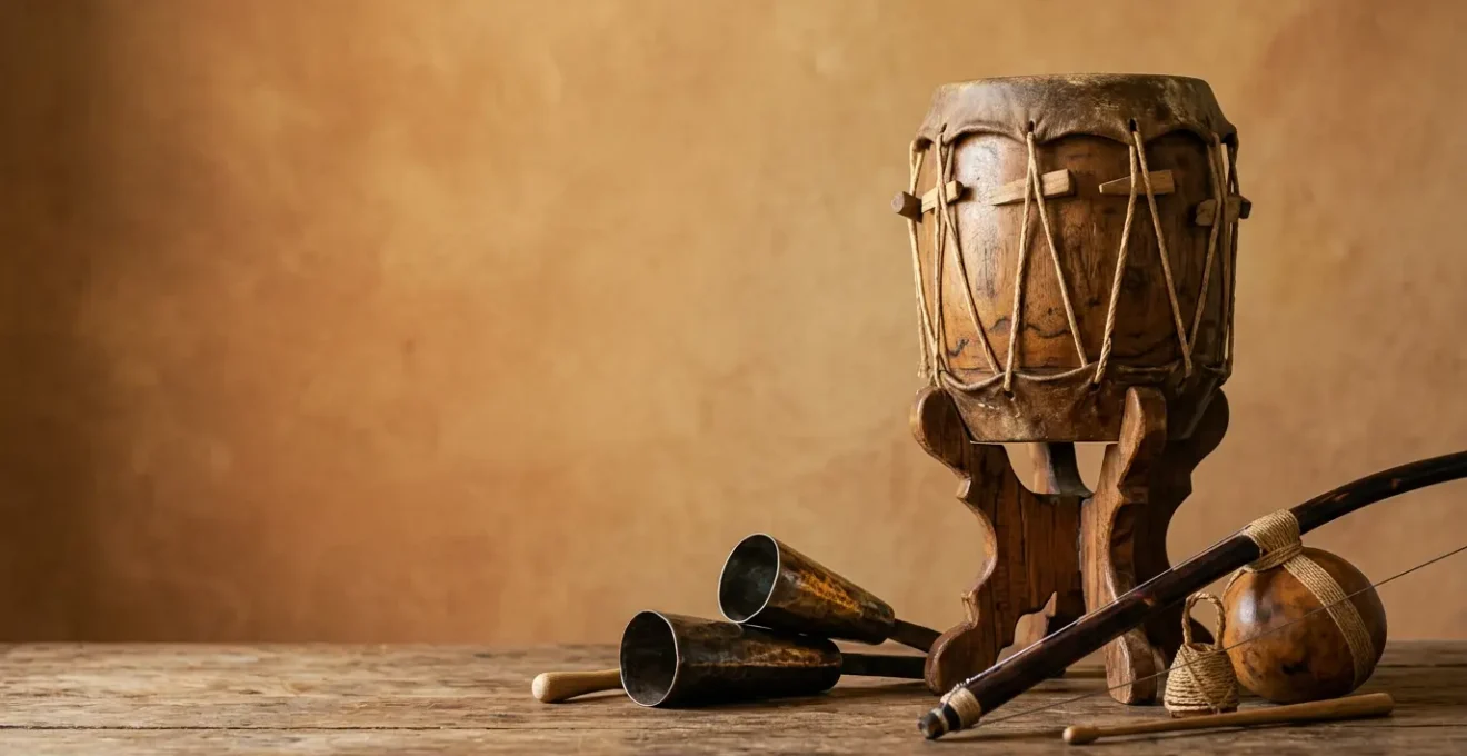 Afro-Brazilian percussion instruments displayed in warm natural light showcasing cultural heritage