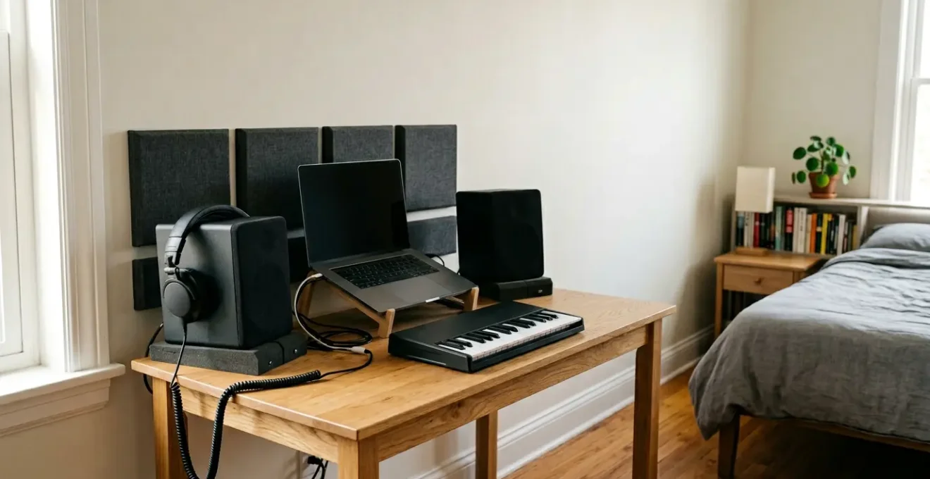 Professional bedroom music production workspace with minimal equipment and natural lighting