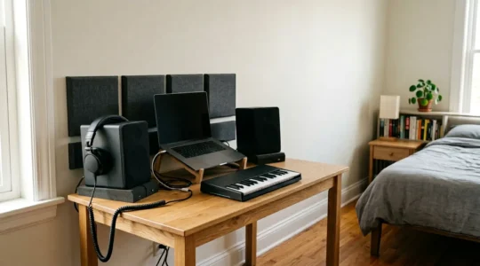 Professional bedroom music production workspace with minimal equipment and natural lighting