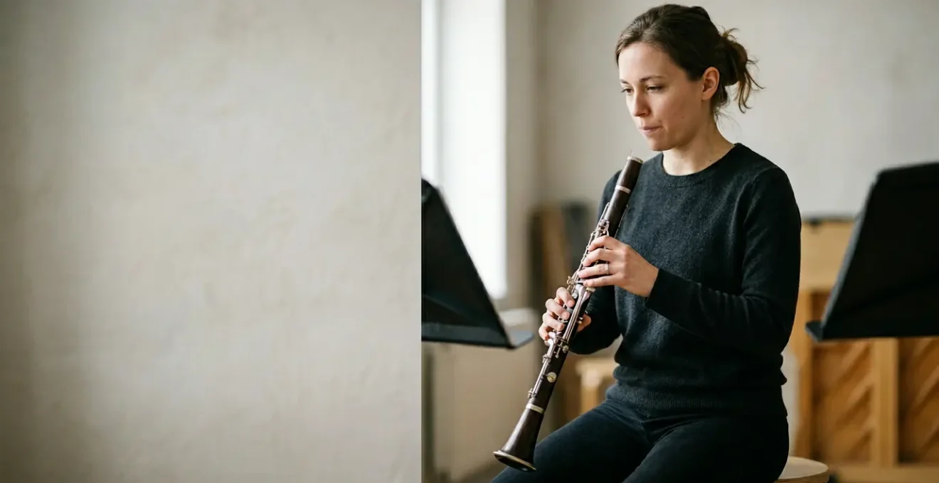 Wind instrument musician demonstrating diaphragmatic breathing technique with focused airflow control