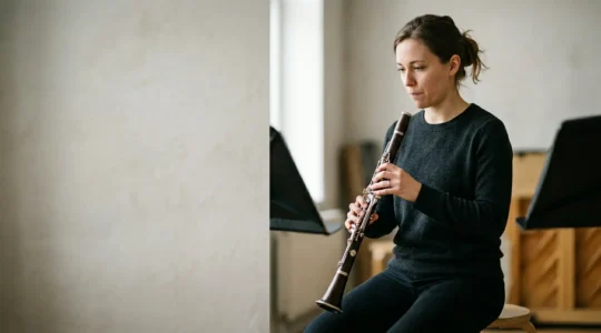 Wind instrument musician demonstrating diaphragmatic breathing technique with focused airflow control