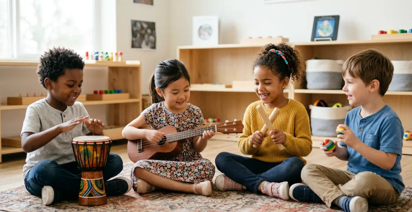 Children engaged in active music-making showing brain development concept