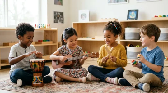 Children engaged in active music-making showing brain development concept