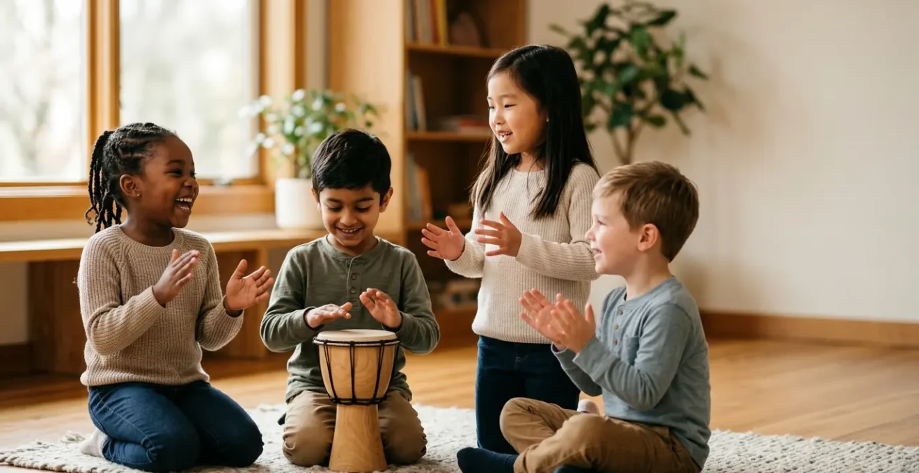 Children engaged in joyful music exploration with natural expressions of discovery and wonder