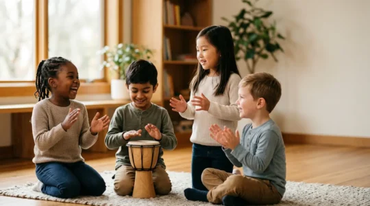 Children engaged in joyful music exploration with natural expressions of discovery and wonder