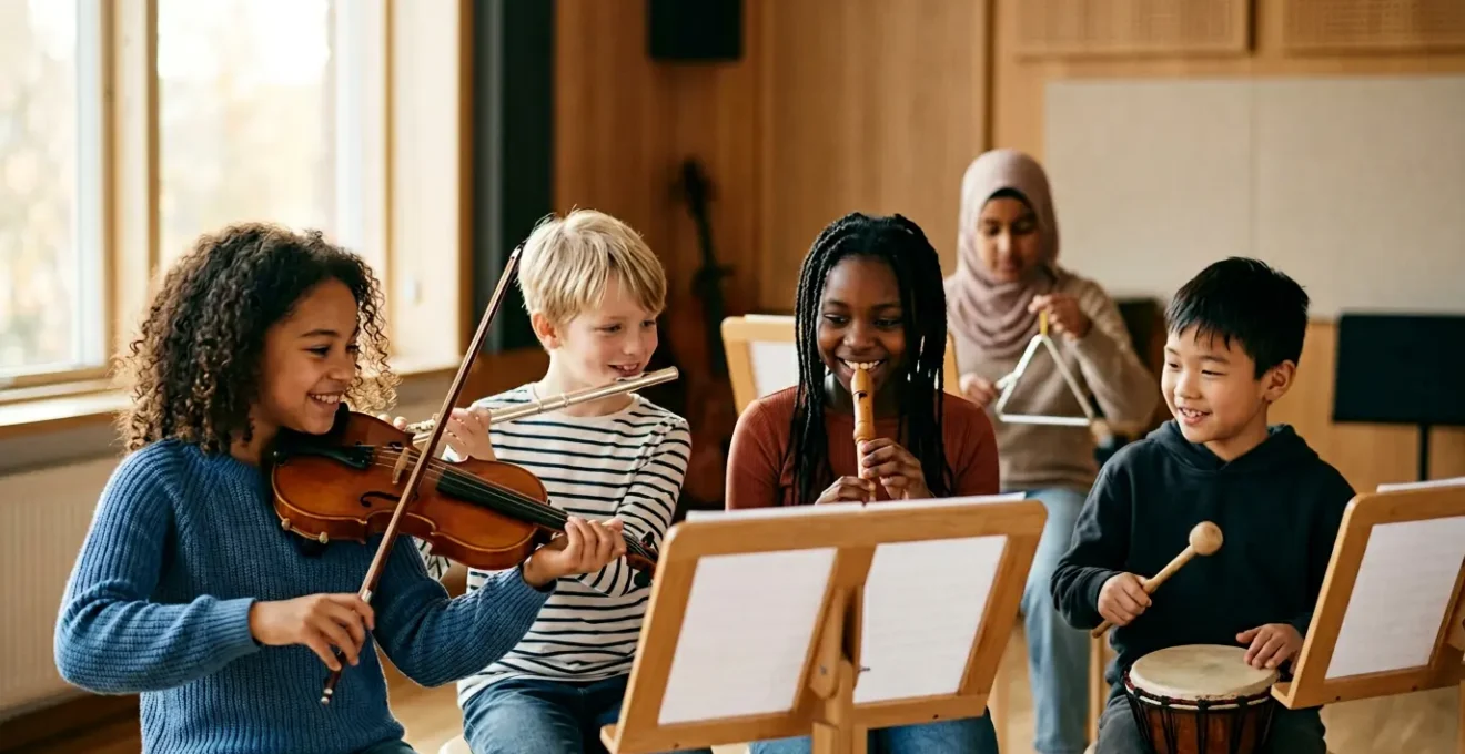 Children playing musical instruments together in an ensemble setting