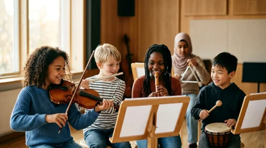 Children playing musical instruments together in an ensemble setting