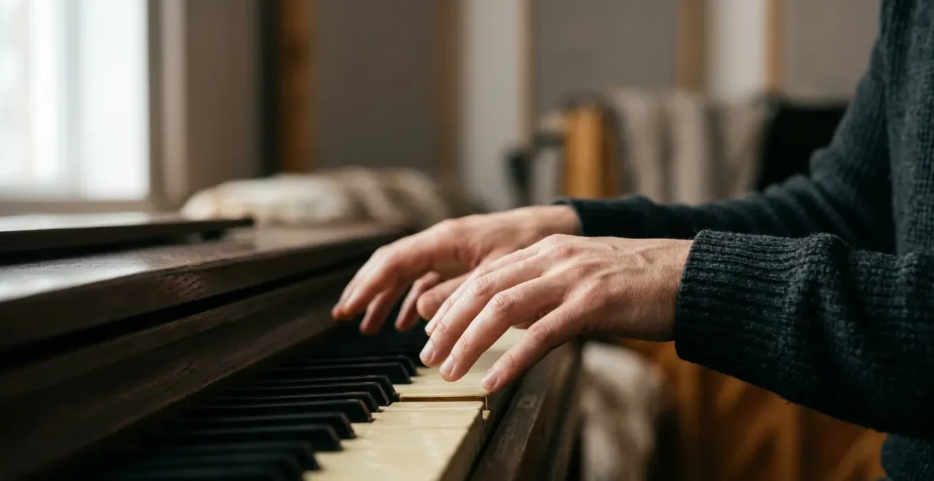 A composer's hands suspended over piano keys in soft natural light, capturing the moment before creative breakthrough