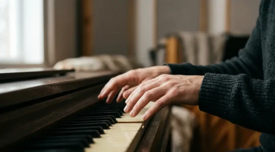 A composer's hands suspended over piano keys in soft natural light, capturing the moment before creative breakthrough