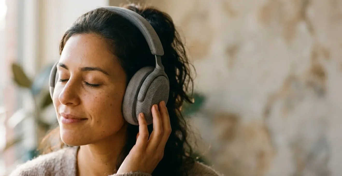 Close-up of hands wearing headphones, eyes closed in deep musical listening