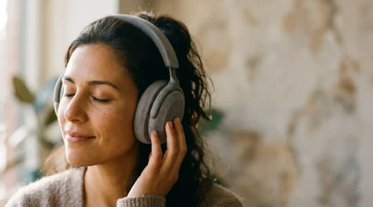 Close-up of hands wearing headphones, eyes closed in deep musical listening