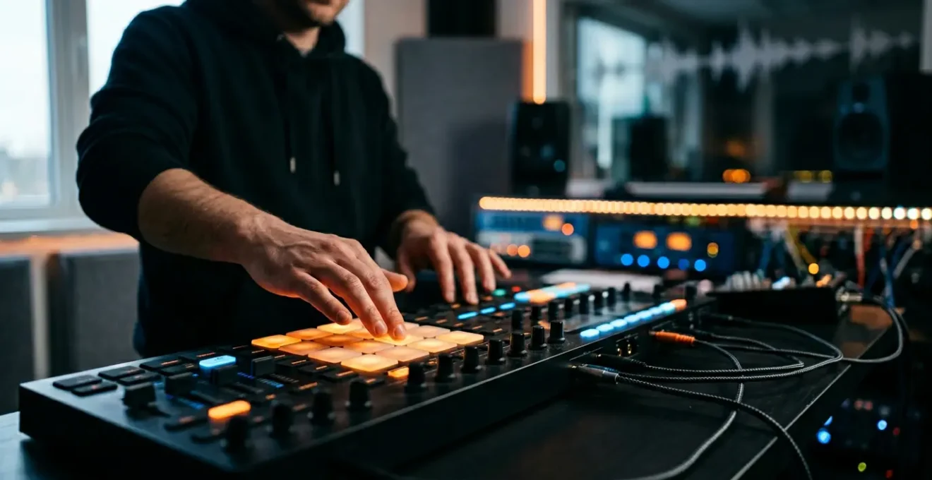 Producer's hands working on MIDI controller with multiple DAW interfaces illuminated in creative studio environment