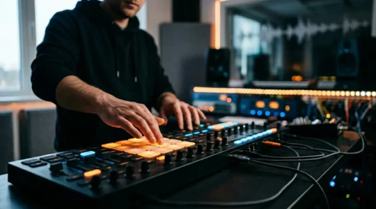 Producer's hands working on MIDI controller with multiple DAW interfaces illuminated in creative studio environment