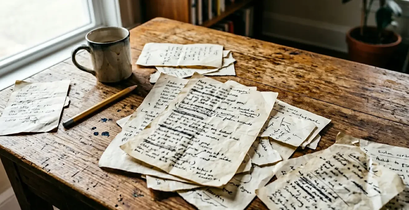 A songwriter's hands carefully arranging scattered handwritten paper fragments on a worn wooden desk, each piece containing raw emotional phrases