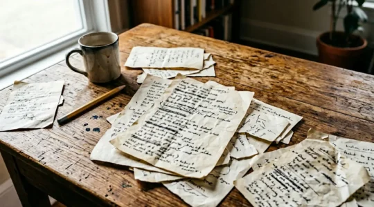 A songwriter's hands carefully arranging scattered handwritten paper fragments on a worn wooden desk, each piece containing raw emotional phrases