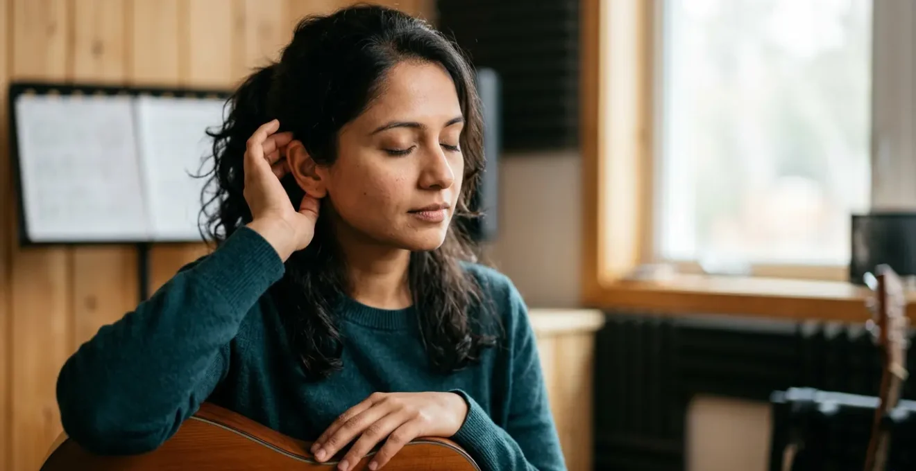 Close-up of a musician's hands gently touching their ear while holding sheet music, demonstrating active listening and ear training in music education