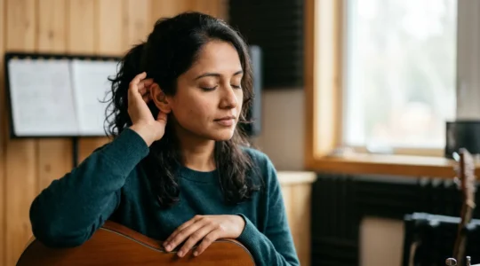 Close-up of a musician's hands gently touching their ear while holding sheet music, demonstrating active listening and ear training in music education