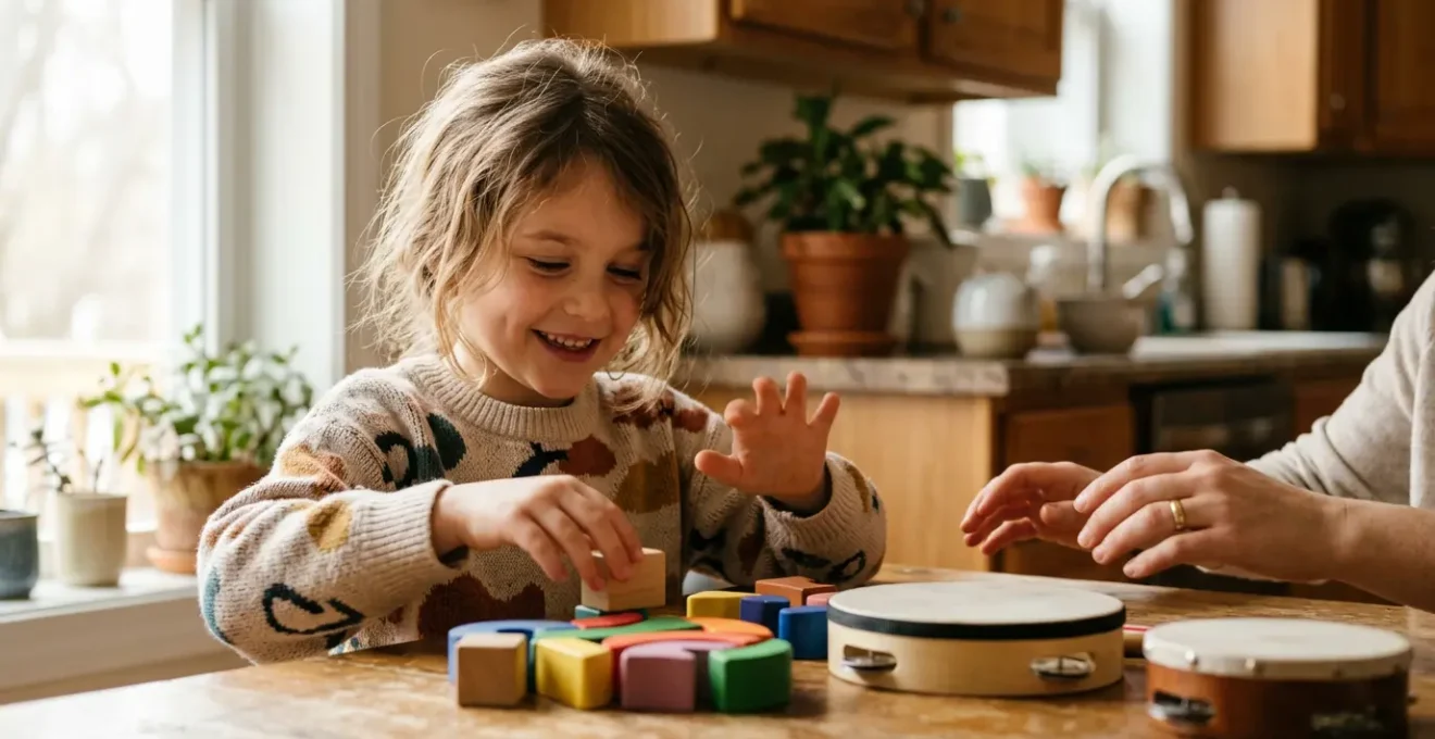 Child engaging with musical learning activity in bright home environment