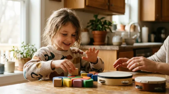 Child engaging with musical learning activity in bright home environment