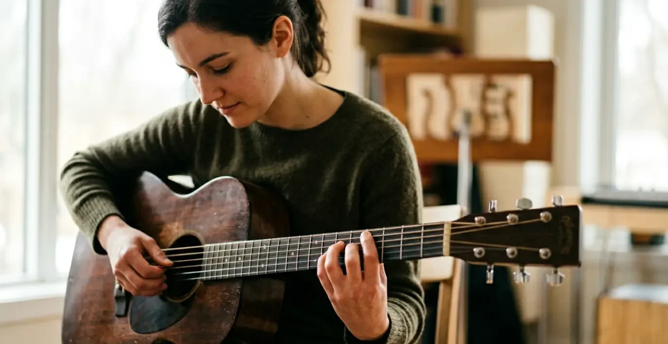 A musician deeply focused during an efficient instrumental practice session