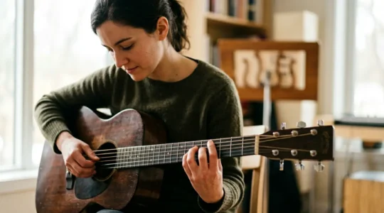 A musician deeply focused during an efficient instrumental practice session