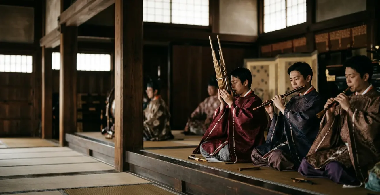 Traditional Japanese Gagaku musicians performing ancient court music in ceremonial setting