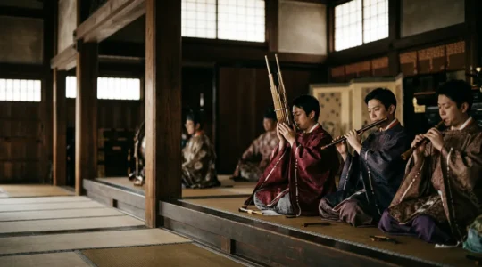 Traditional Japanese Gagaku musicians performing ancient court music in ceremonial setting