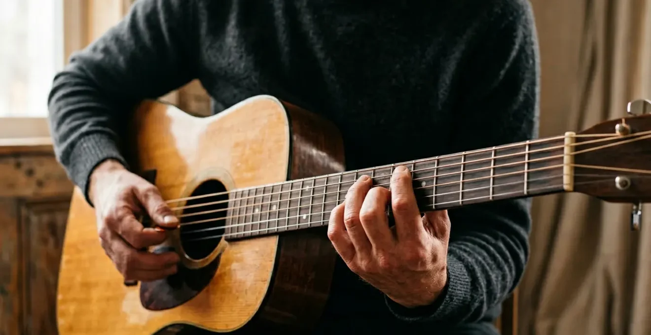 Close-up view of guitarist's hands reading guitar tablature sheet while playing acoustic guitar