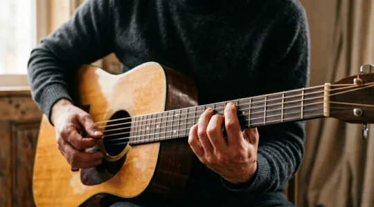 Close-up view of guitarist's hands reading guitar tablature sheet while playing acoustic guitar