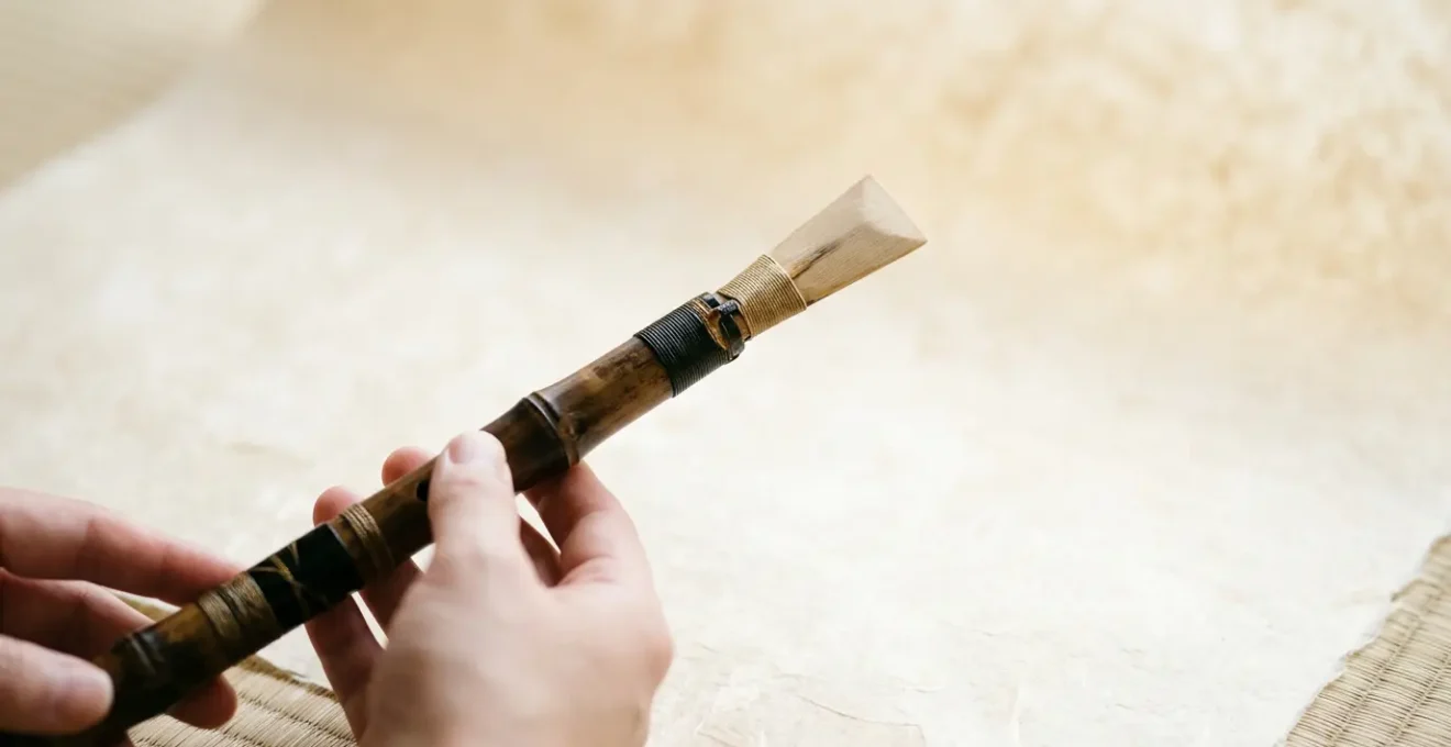 Traditional hichiriki double-reed bamboo flute held by hands with natural reed visible against minimalist background
