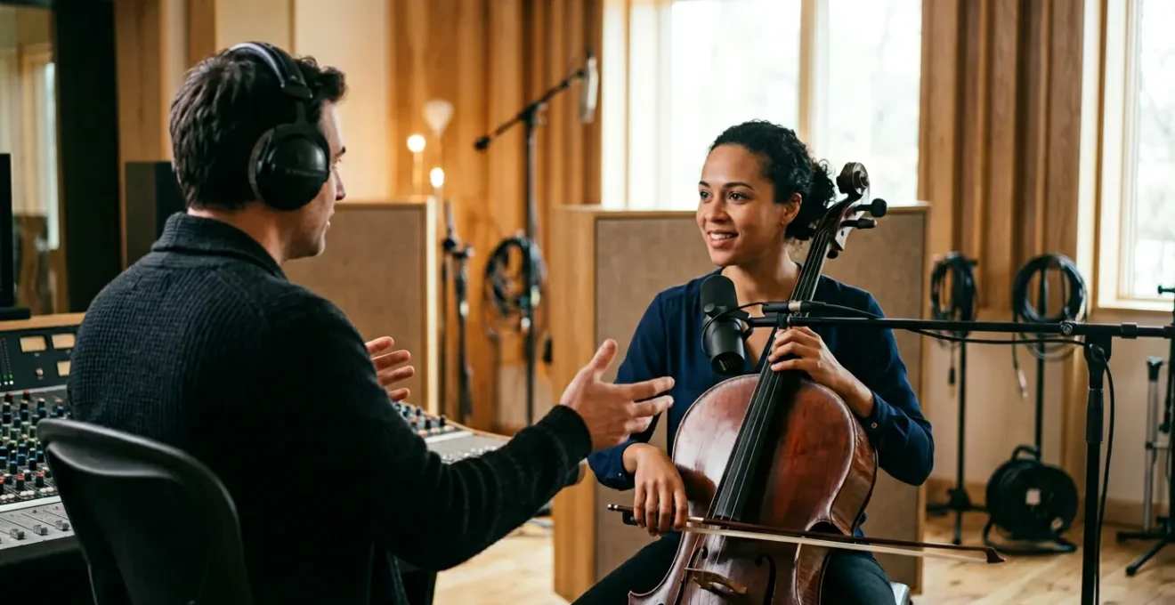 Professional music producer collaborating with session musicians in a modern recording studio environment