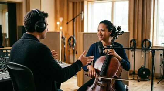 Professional music producer collaborating with session musicians in a modern recording studio environment