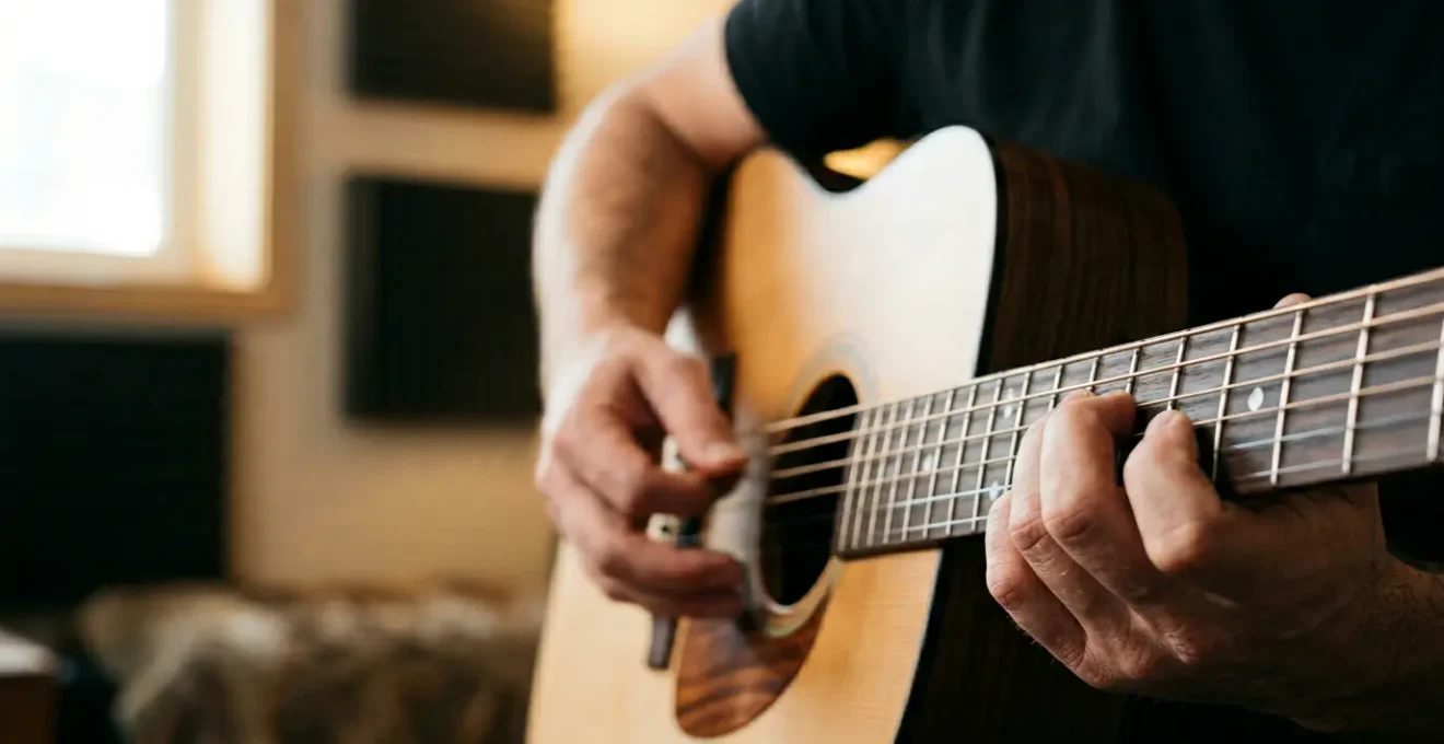 A musician's hands playing an instrument with subtle motion blur, embodying the concept of rhythmic timing and internal pulse