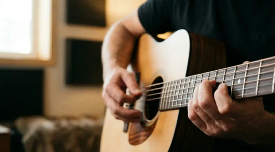 A musician's hands playing an instrument with subtle motion blur, embodying the concept of rhythmic timing and internal pulse