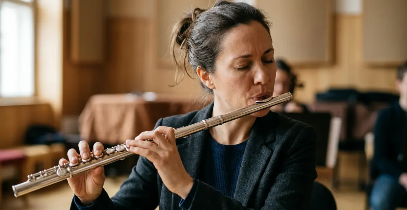 Professional wind musician demonstrating focused breath control during performance