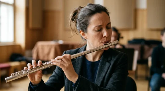 Professional wind musician demonstrating focused breath control during performance