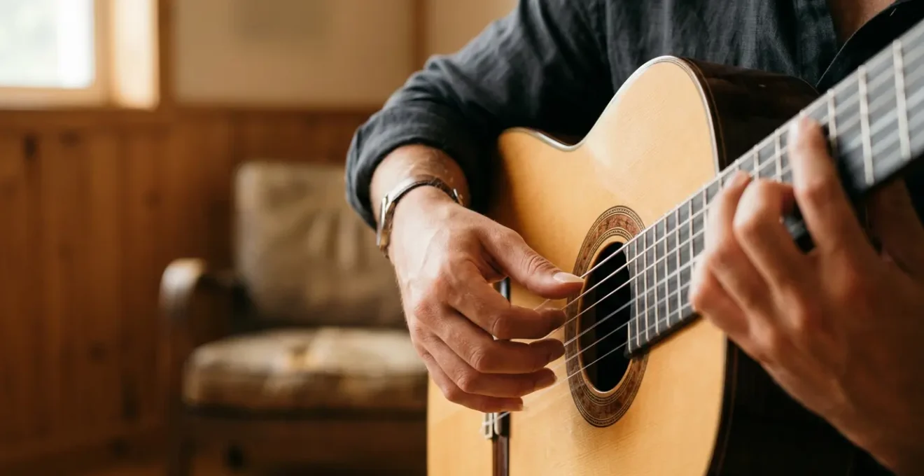 Classical guitarist's hands positioned over nylon string guitar with natural lighting emphasizing fingernail shape and hand posture