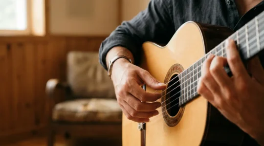 Classical guitarist's hands positioned over nylon string guitar with natural lighting emphasizing fingernail shape and hand posture