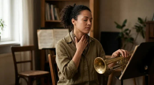 Musician connecting voice and instrument through solfege practice during focused training session