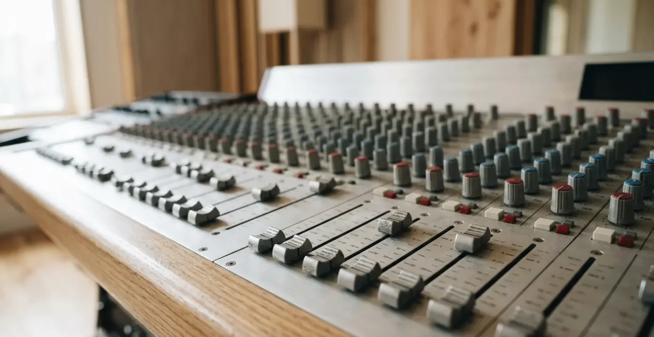 Professional mixing console with analog faders bathed in natural window light creating depth and warmth