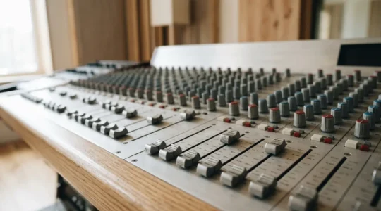 Professional mixing console with analog faders bathed in natural window light creating depth and warmth