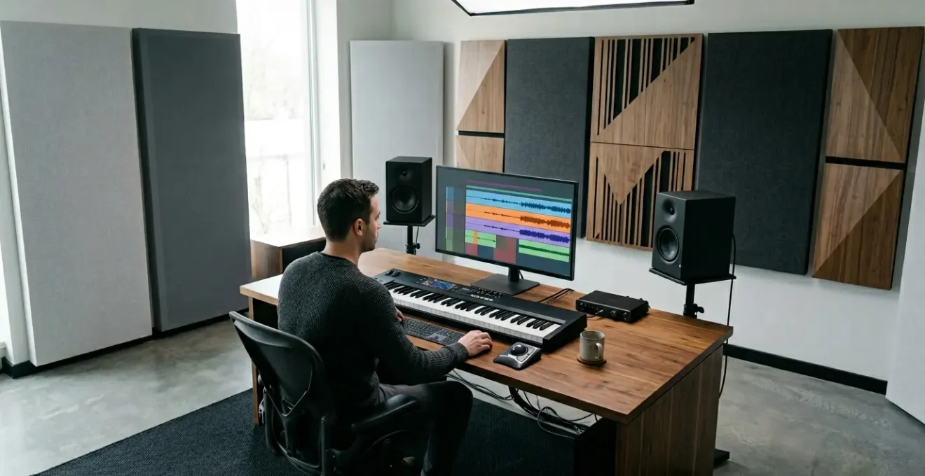 Music producer analyzing track structure and listener engagement metrics in modern studio environment