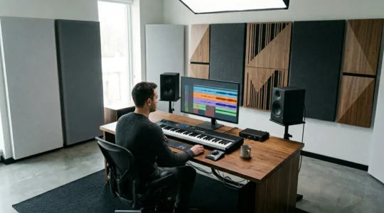 Music producer analyzing track structure and listener engagement metrics in modern studio environment