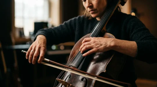 Musician's hands expressing emotion through instrument with deep focus and natural lighting