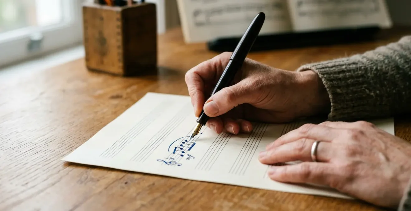 A musician's hands writing musical notes on paper with a fountain pen
