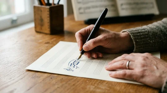 A musician's hands writing musical notes on paper with a fountain pen