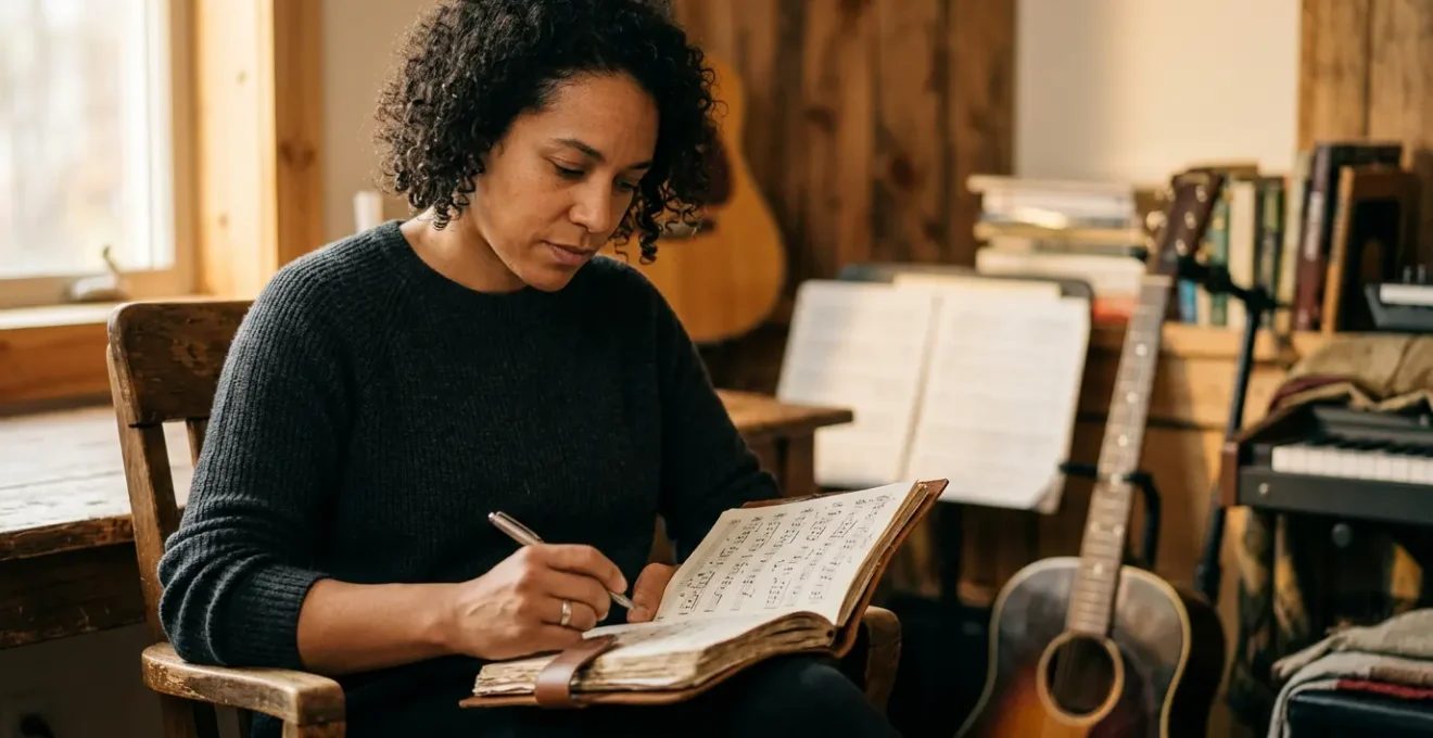 A musician thoughtfully reviewing sheet music in a warm rehearsal space with instruments visible in the background