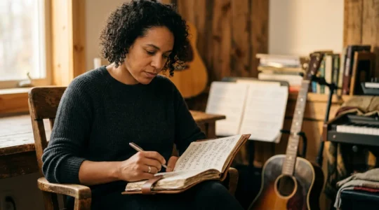 A musician thoughtfully reviewing sheet music in a warm rehearsal space with instruments visible in the background
